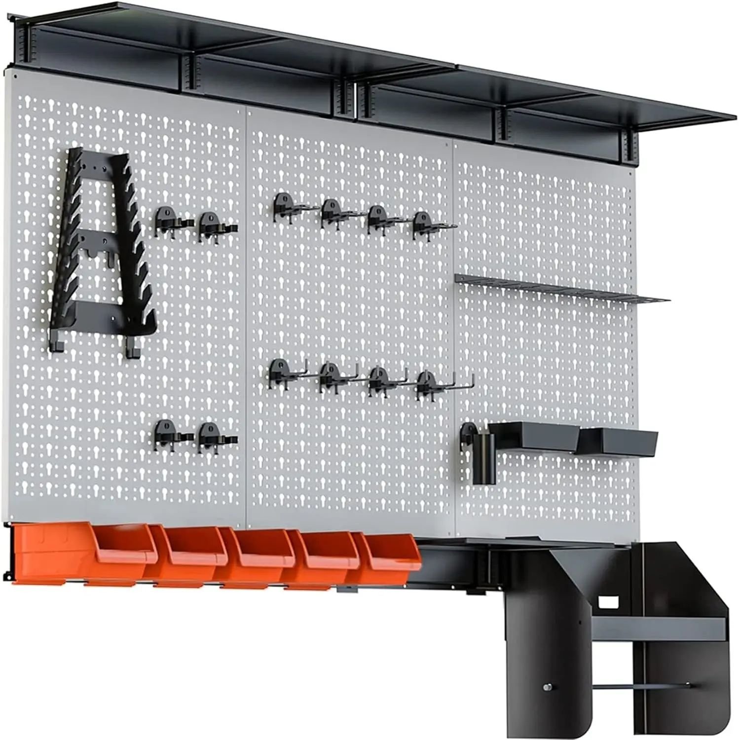 

4 ft Metal Pegboard Wall Organizer with Hooks, Shelves, and Bins for Garage Tool Storage