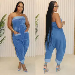 Jumpsuits Women Long Pants One Piece Denim Suspenders Overalls Loose Casual Cargo Pant Sleeveless Backless Rompers Summer