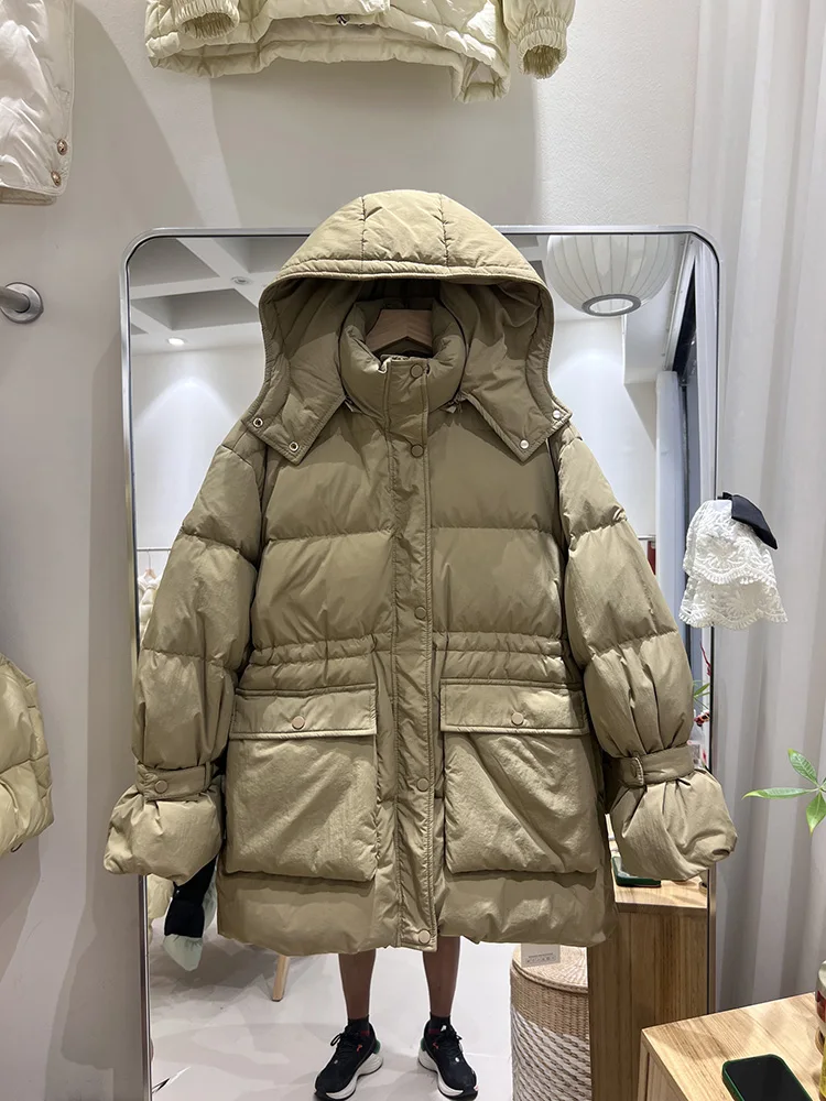 Women's middle and long hooded down jacket winter 2025 new fashion design sense big pocket loose white duck down coat
