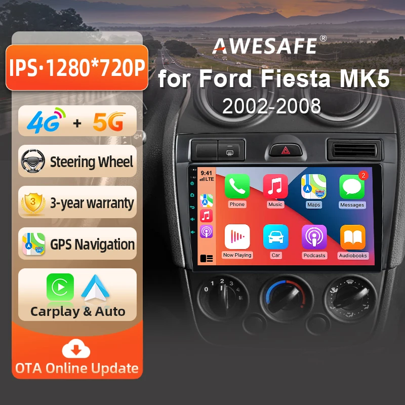 Image of AWESAFE Kabelloses CarPlay Android Radio für Ford Fiesta MK5 2002 2003 2004 2005 2006 2007 2008 mit GPS-Navigation Bluetooth WiFi Schnellstart DSP FM Plug & Play