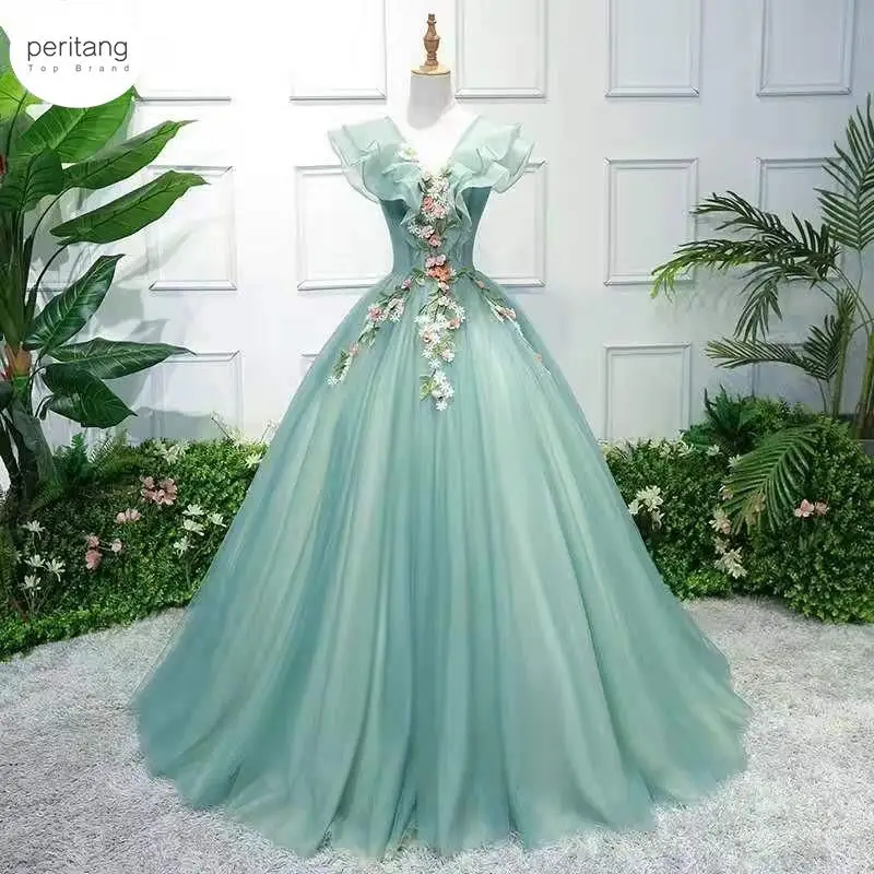 

Green Quinceanera Dress Elegant V-neck Party Prom Ball Gown Sleeveless Sweet Floral Print Quinceanera Dresses Vestidos Female