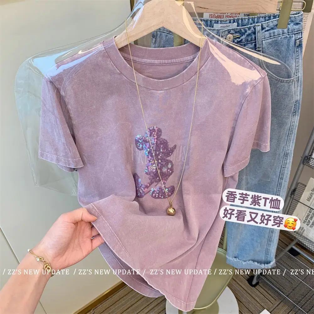 Disney Cartoon Embroider with Sequined Children T-shirt Summer Purple Tshirt for Boys and Girls Harajuku Aesthetic Children Top