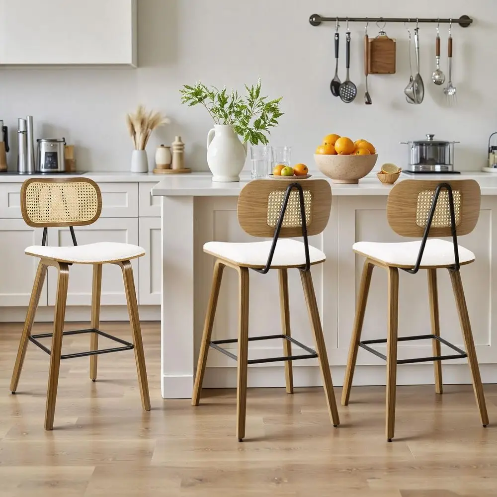 

Rattan Counter Height Bar Stools with Boucle Fabric Seats, Set of 3, Walnut Legs, White