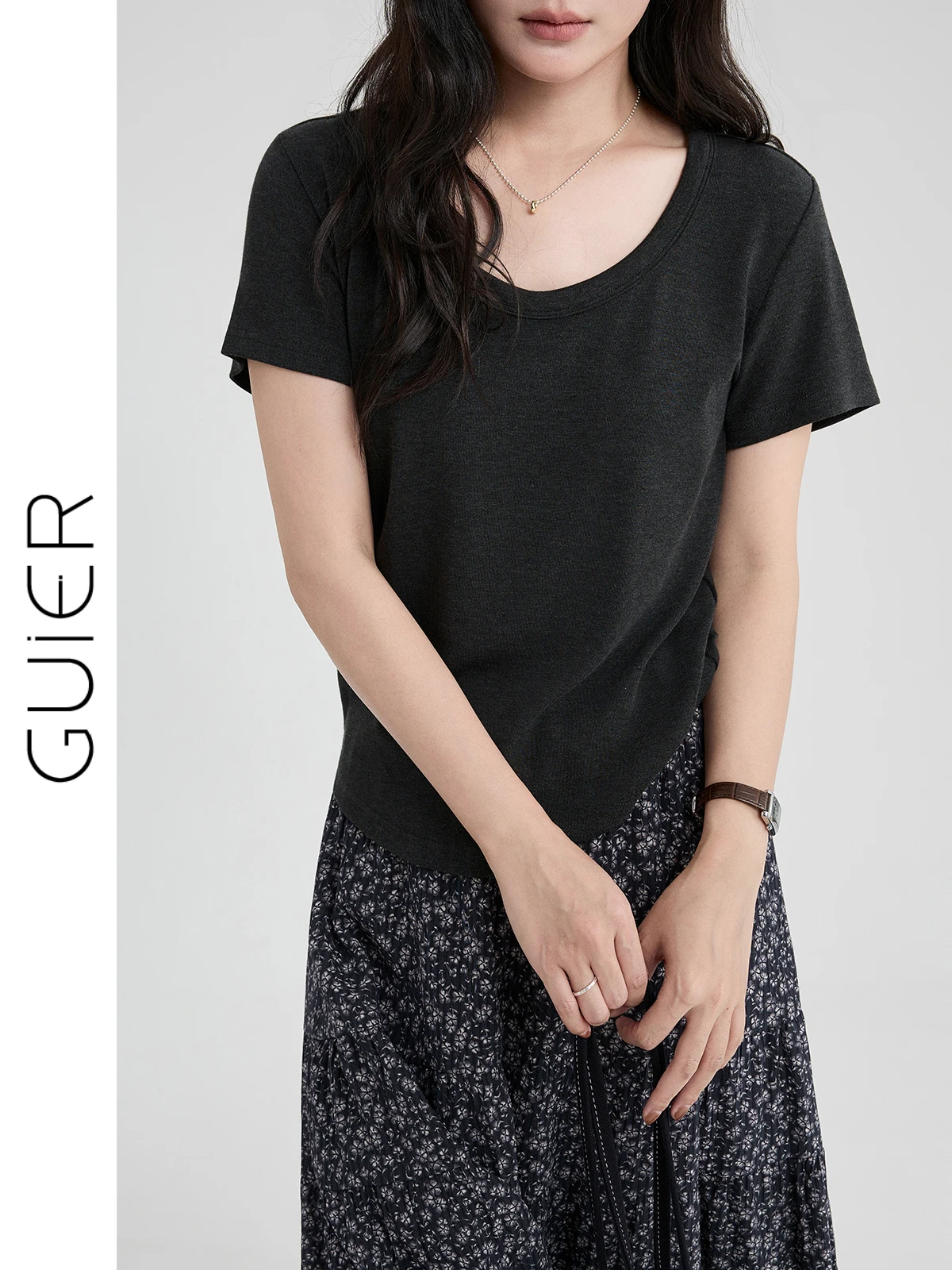 Guier Casual Short Sleeve T-Shirt Women's round Neck Slim Fit Versatile Top Shoulder Width Standard Summer New Arrival