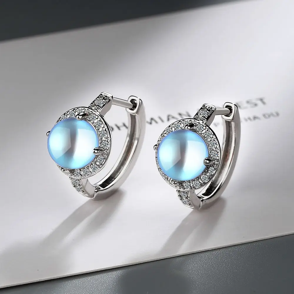 Pendientes de aro brillantes de piedra lunar de bola redonda romántica para mujer, aros de círculo redondo pequeño, regalos de joyería fina de compromiso de boda