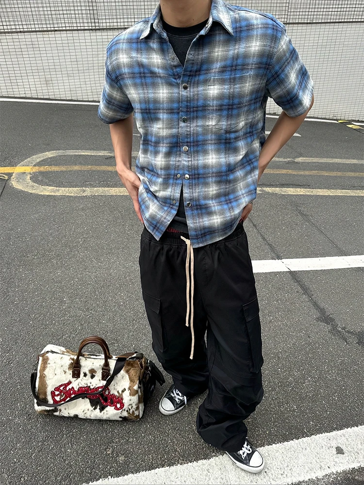 

Blue Plaid Flannel ort Sve irt Vintage Men's Summer Cheered irt Cleanfit Couple Outerwear Loose Fit Youth Trend