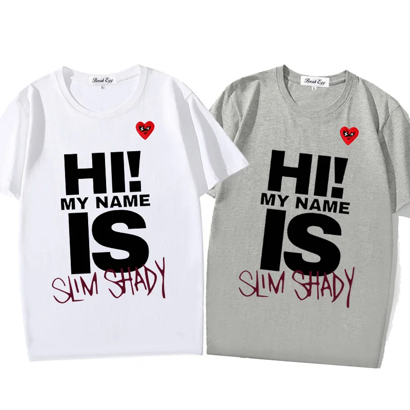 Eminem Slim Shady Letter Printing Men Women T-shirt Red Glasses Heart Embroidery Cotton O-neck Short-sleeved Straight T-shirt