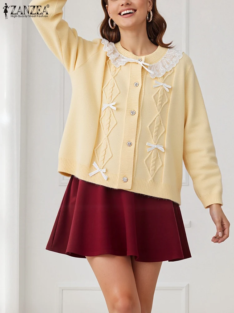 ZANZEA Maglioni accoglienti patchwork in pizzo da donna Sweety Bow dettaglio girocollo manica lunga maglione cardigan con bottoni FW 2025 Nuovo