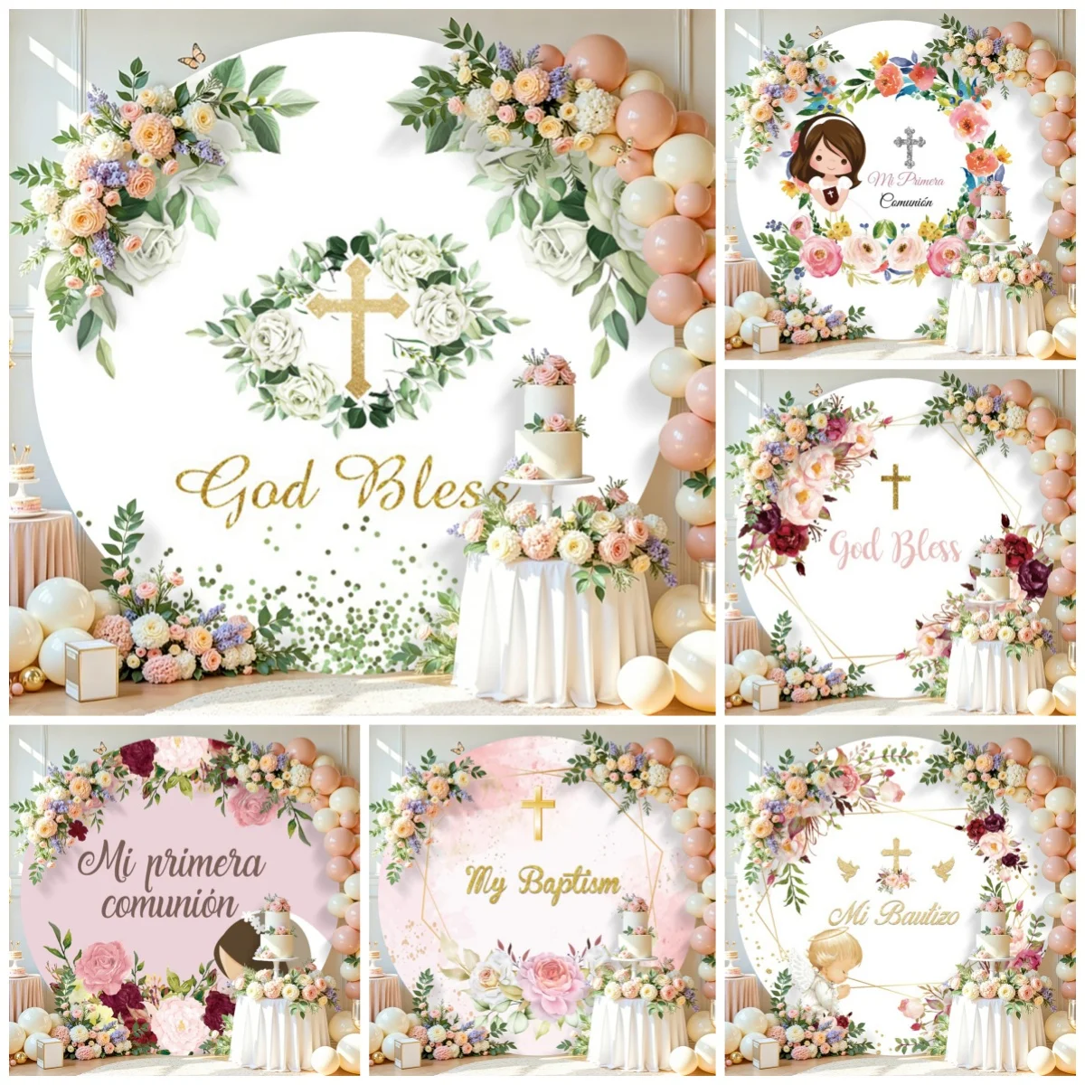 Custom God Bless Baptism Cross Round Cover Backdrop My First Holy Communion Mi Baptism Baby Shower Photography Background Studio