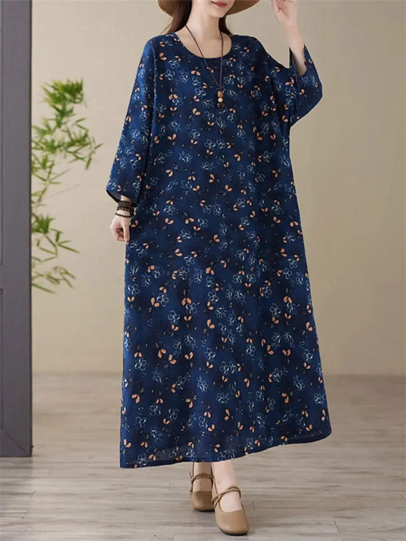 Floral Vacation Style Loose Large Size Long Dress Autumn Round Neck Full Sleeve Casual Retro Printed Women's Clothing k2707