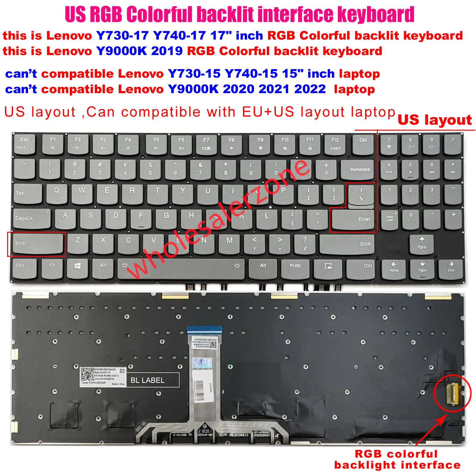 

New For Lenovo Legion 17" inch Y730-17ICH Y740-17ICHg Y740-17IRH Y9000K 2019 laptop US RGB Colorful Backlit interface Keyboard