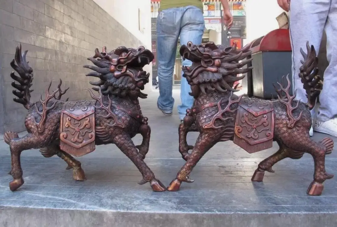 Chinese Feng Shui Red Bronze Copper Flame Lucky Foo Dog Lion kylin Kirin Statue