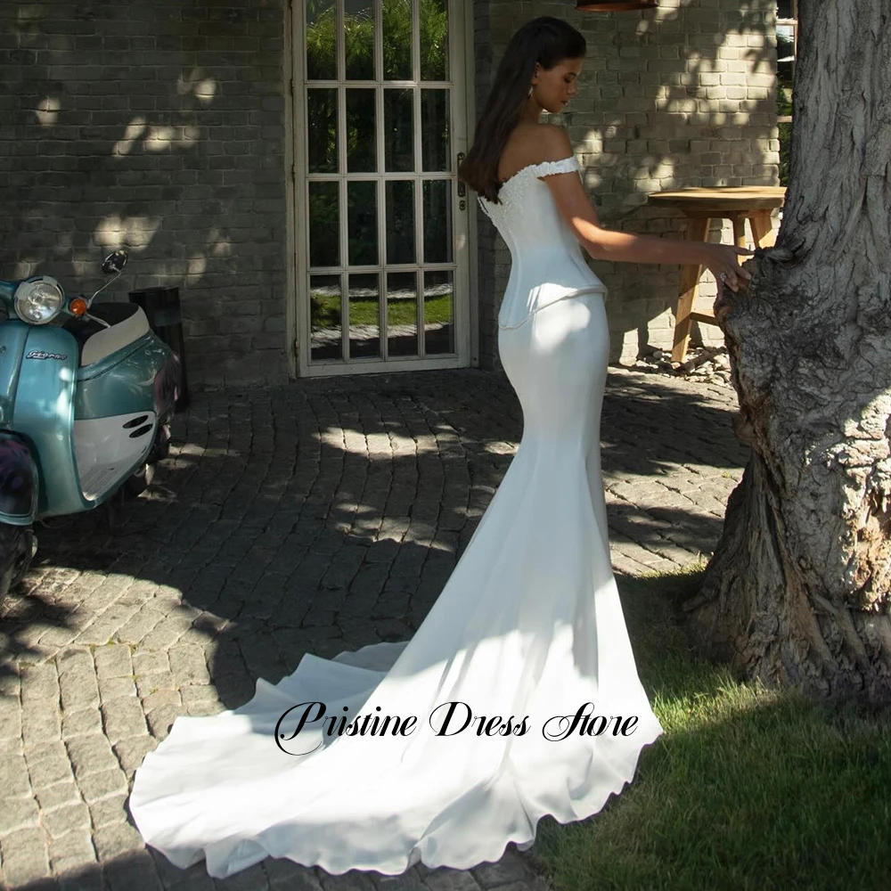 Chic Two Pieces Mermaid Satin Wedding Dress with Side Slit Lace Beading Off the Shoulder Chapel Train Bridal Gowns Customized
