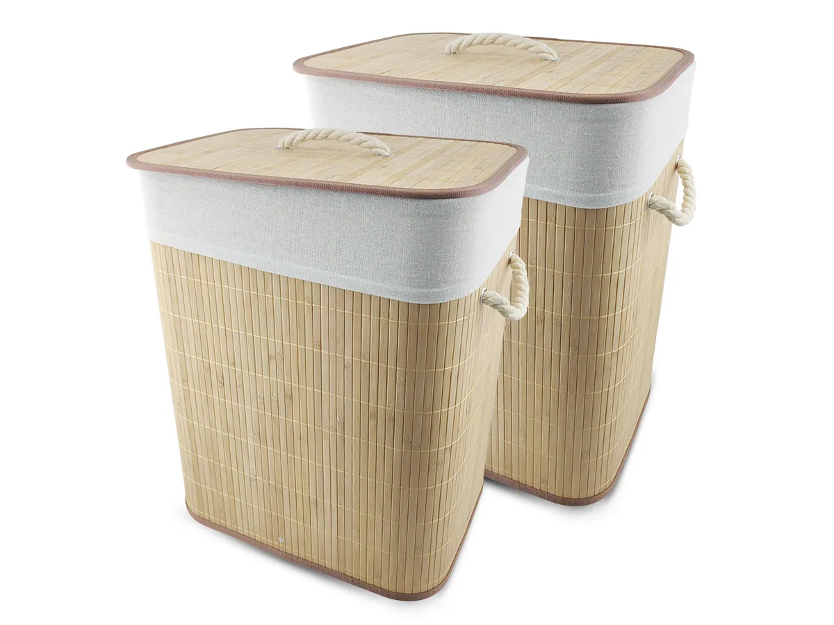 Kit 2 Cesto de Roupas Com Tampa e Saco de Pano Removível Lavável de Bambu Claro Ecológico Mimo Style