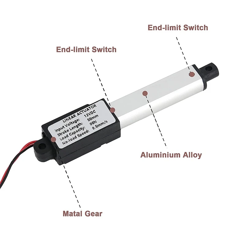 Attuatore Micro-lineare, corsa da 2 pollici, 90N/20.3Lb, velocità 9.5 Mm/S attuatore elettrico impermeabile attuatore lineare motore 12V