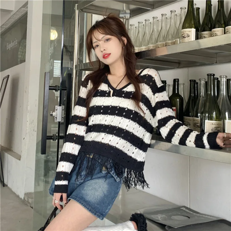 

Pullovers Women New Arrival Slouchy Tassel Design Streetwear Striped Trendy Korean Style Свитер Женский Ulzzang Casual All-match