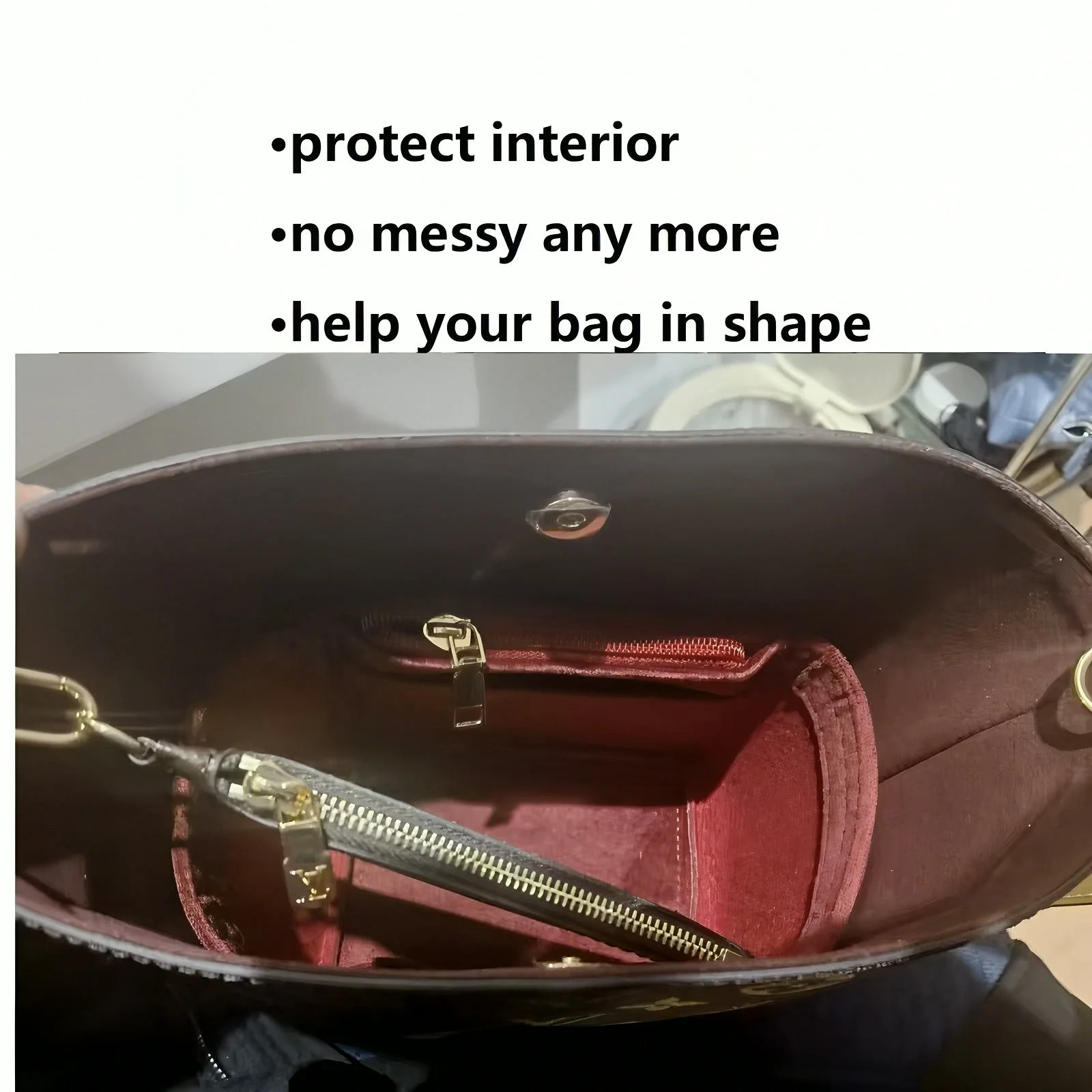 Bucket Bag Suede Organizer Insert Fit All In BB Handbag Liner Zipper Pocket Purse Inner Storage Shaper Divider