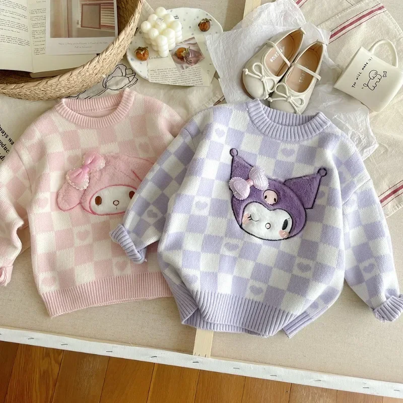 

Sanrio Kuromi Autumn Winter Baby Girls Cartoon Sweater My Melody Bowknot Embroidery Warm Knitted Long Sleeves Pullover Knitwear