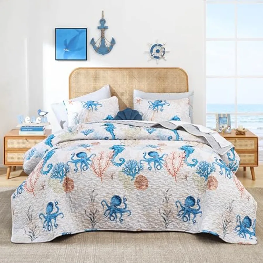 

Coastal Quilts Bedding Set Size - Summer Nautical Bedding Quilt with Pillow Cases Reversible Quilt Set Ocean Blue Seahorse Beds