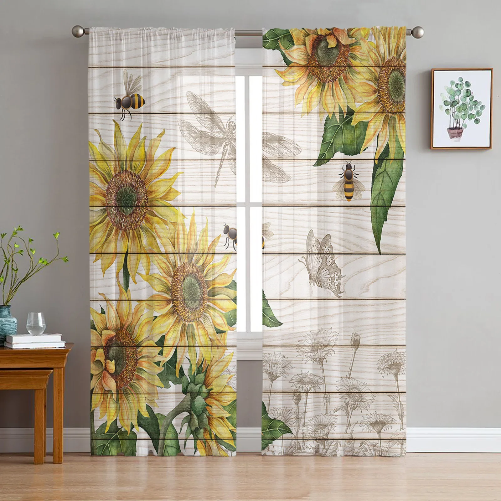 Sunflower Bee Butterfly Wood Texture Tulle Curtains Living Room Kitchen Decoration Chiffon Window Treatments Voile Sheer Curtain