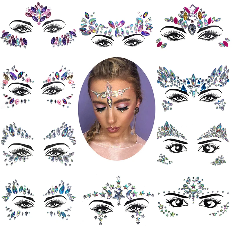 Pegatinas de tatuaje facial Sexy 3D para mujer, Tatuajes Temporales, diamantes de imitación falsos con purpurina, joyas faciales para fiesta, decoración facial