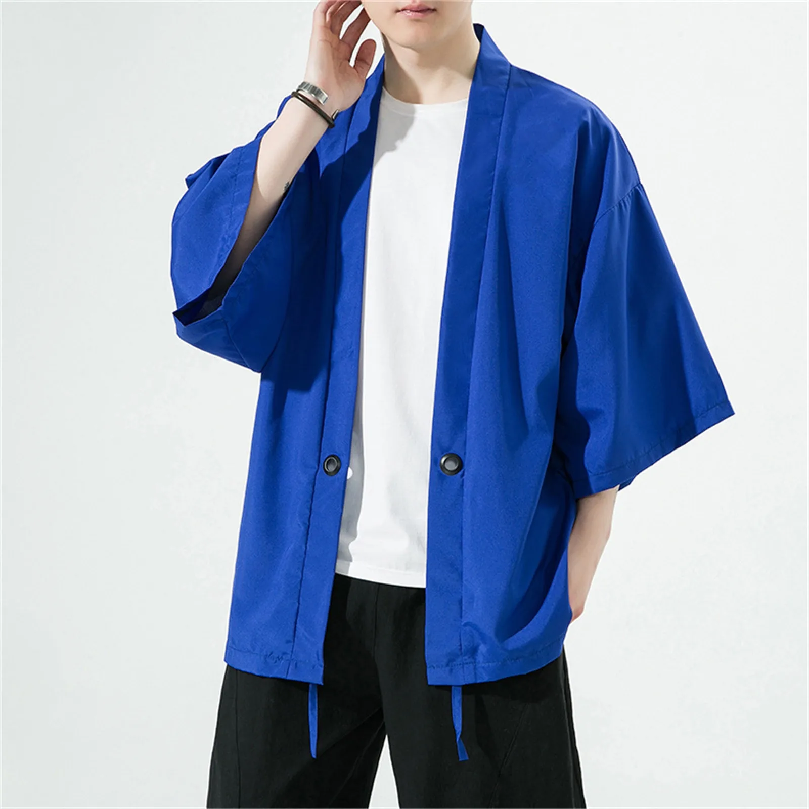 Men Kimono Shirt Traditional Japanese Style Clothing Male Open Front Cardigan 3/4 Sleeve Yukata Coat Haori Casual Beach Shirts