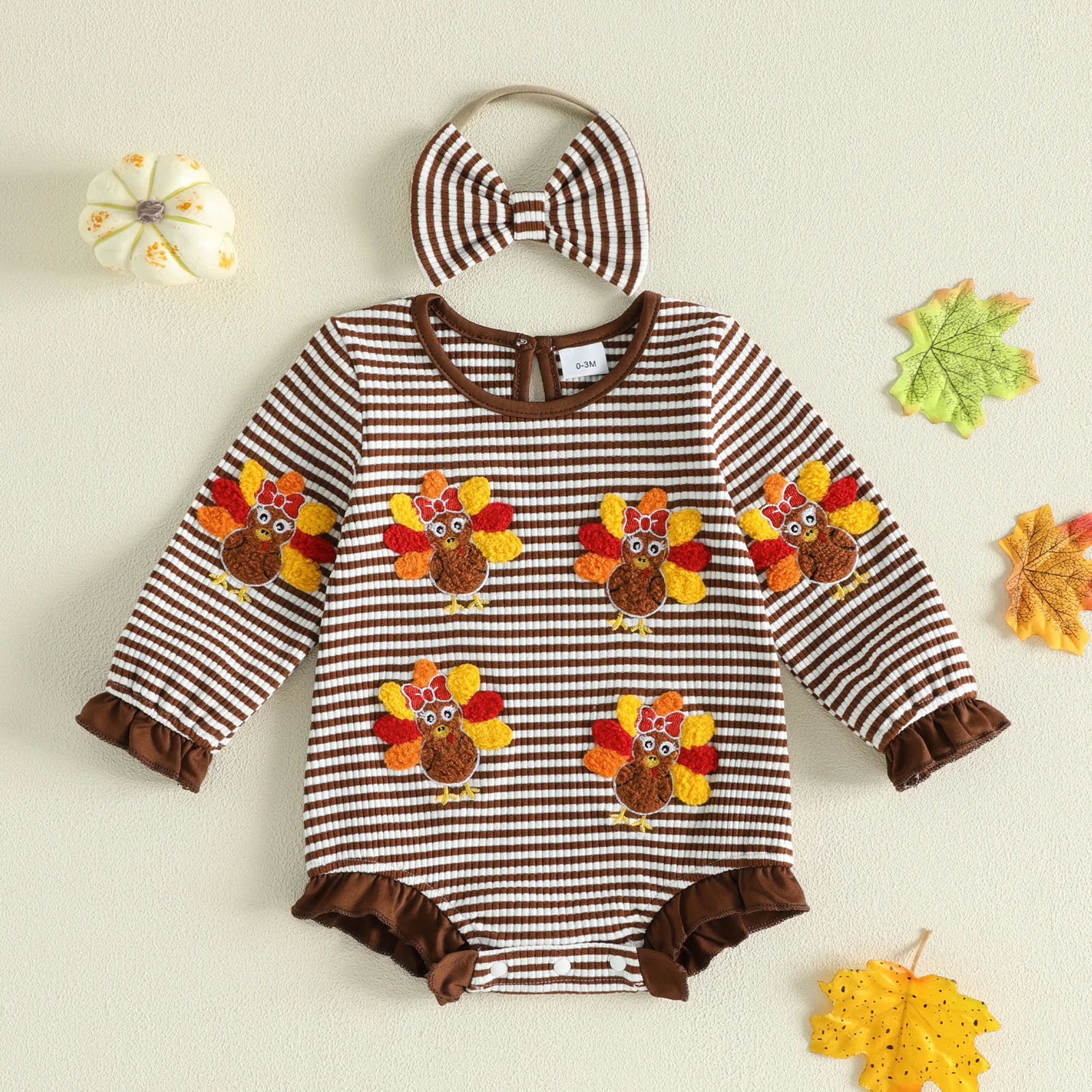 Thanksgiving Baby Girl Outfit Stripes Embroidery Turkey Romper and Hairband