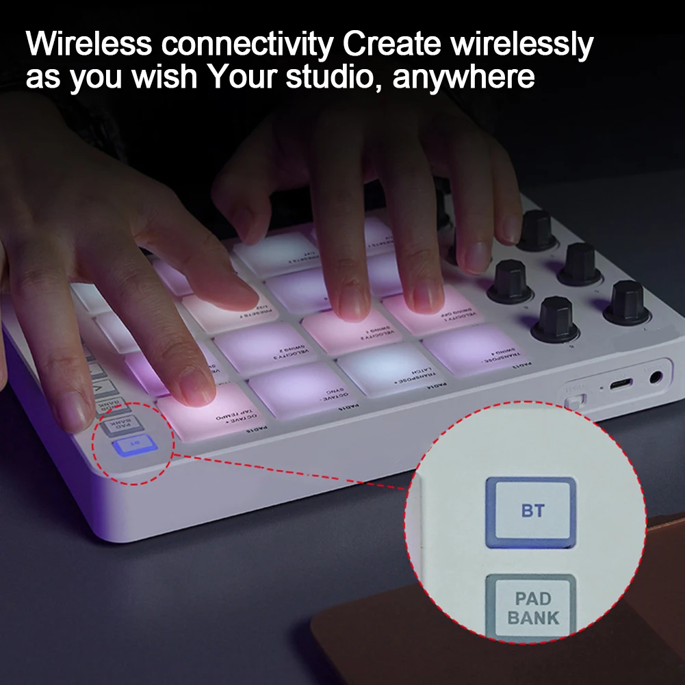 Midi Controller Pad Keyboard Connection Low Latency 3.5Mm Outputs Interfaces Plastic 22.5x14.5x2cm Wireless Connectivity