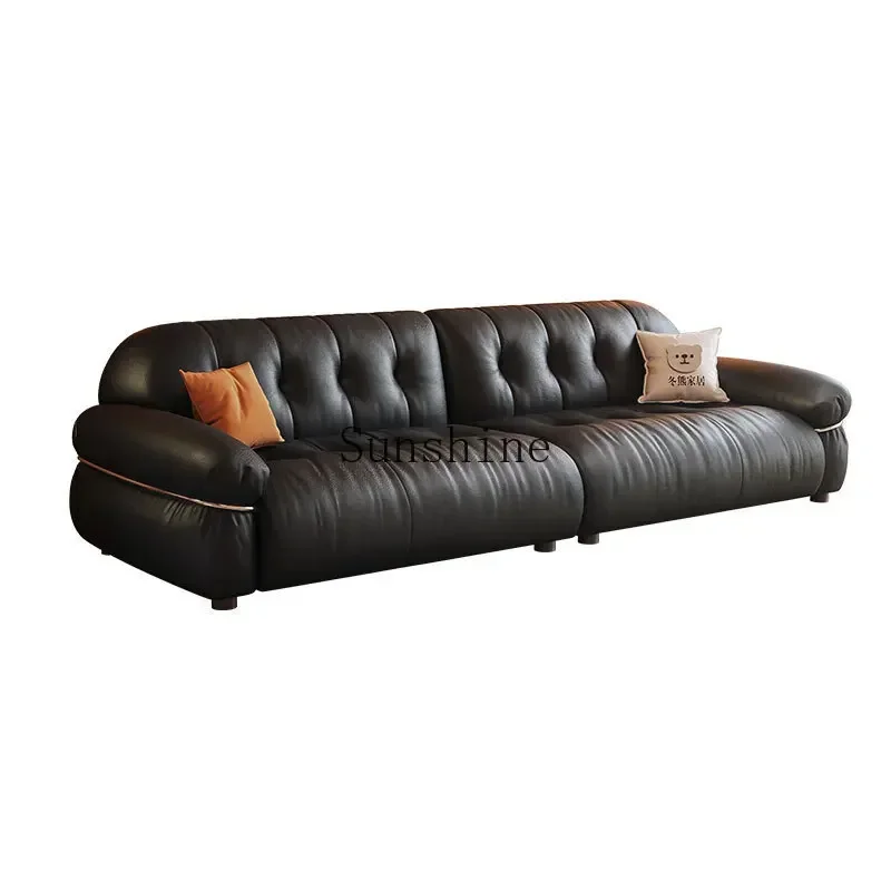 French retro style living room small apartment Bauhaus style black leather sofa