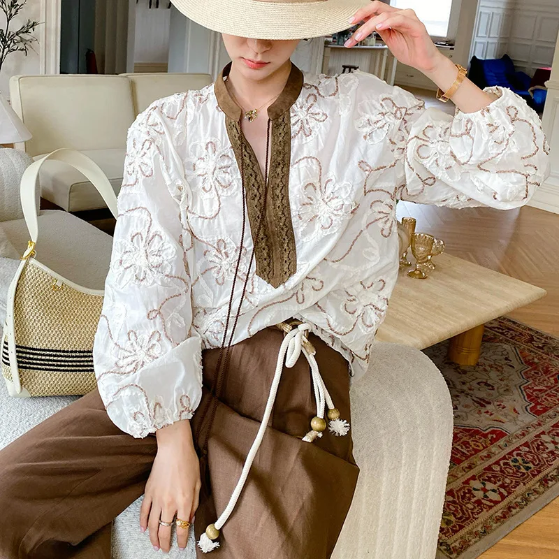 

French Style Floral Embroidery Blouse Shirt Women 100% Cotton Spring Autumn V-neck Loose Long Lantern Sleeve Casual Ladies To