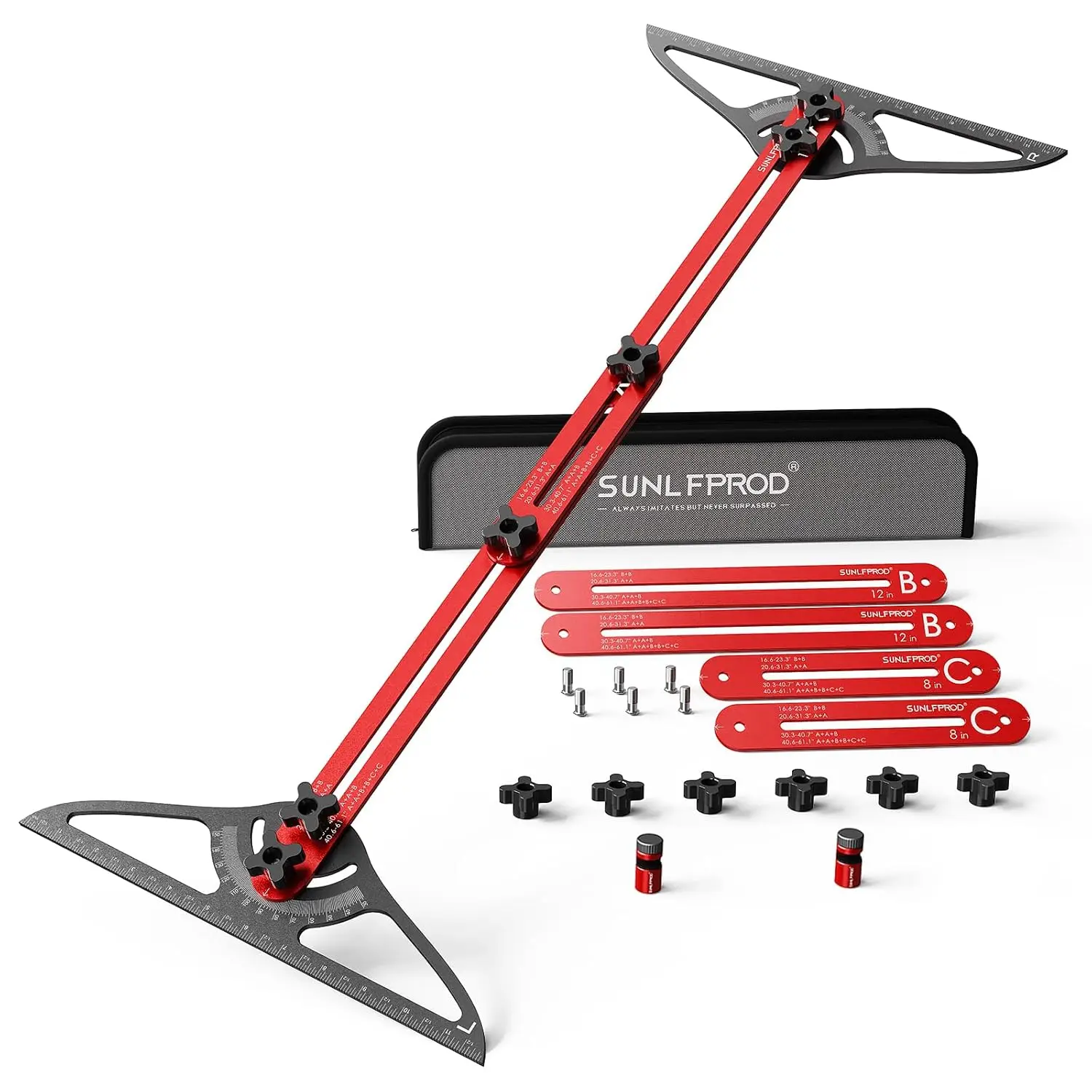 

Dual Nut Locking Stair Tread Template Tool with Adjustable Extensions for Woodworking Projects
