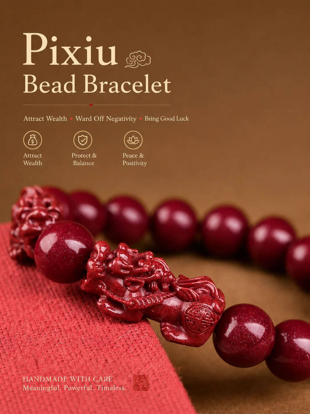 Red Cinnabar-Style Pixiu Bracelet, Double Pixiu Bead Stretch Bangle, 10mm 12mm Round Beads, Feng Shui Jewelry for Men Women Gift