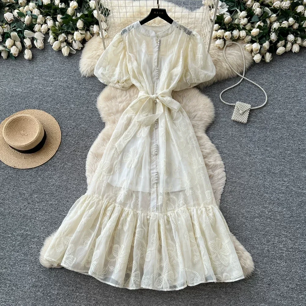 ZAMOR Floral Embroidered Shirt Maxi Dress Women Puff Sleeves Stand Collar Waist Belt Button Front A Line Silhouette Refined