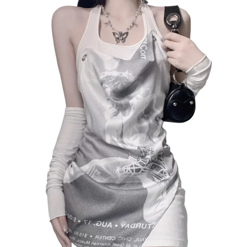 

2024 Summer Women's New Patchwork Pullover Halter Printing Letter Fashion Slim Sexy Minimalist Casual Sleeveless T-Shirts Tops