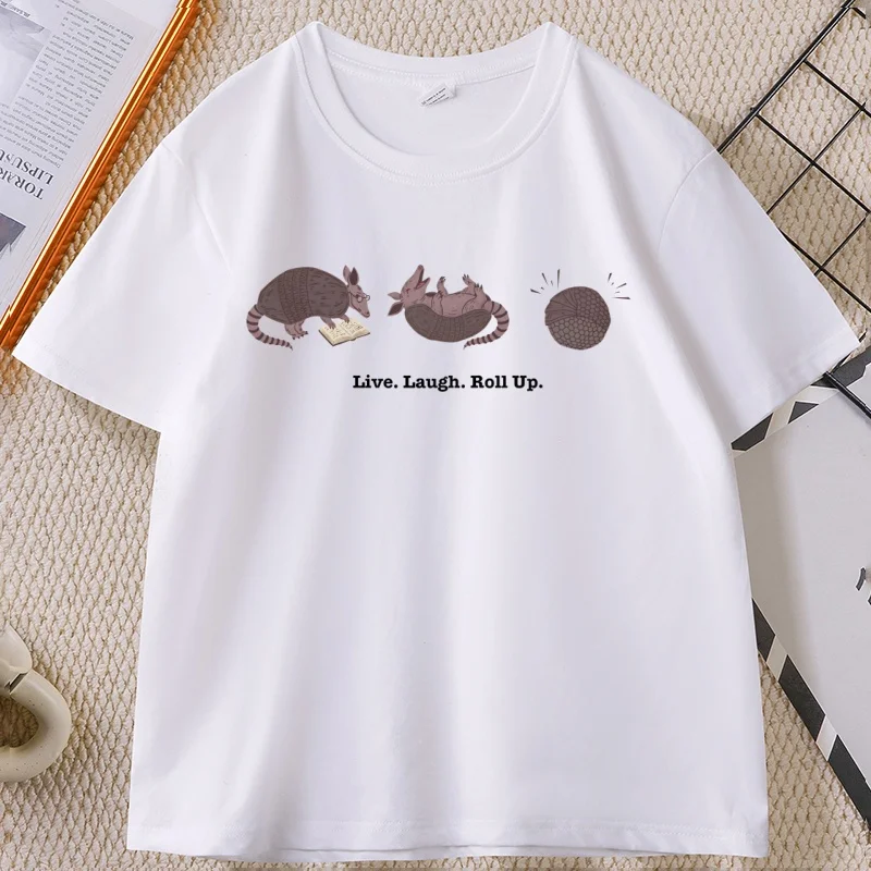 Funny Armadillo T-Shirt Comfort Graphic Tee Live Laugh Roll Up T Shirt Round Neck Cotton Short Sleeve Tshirt Streetwear