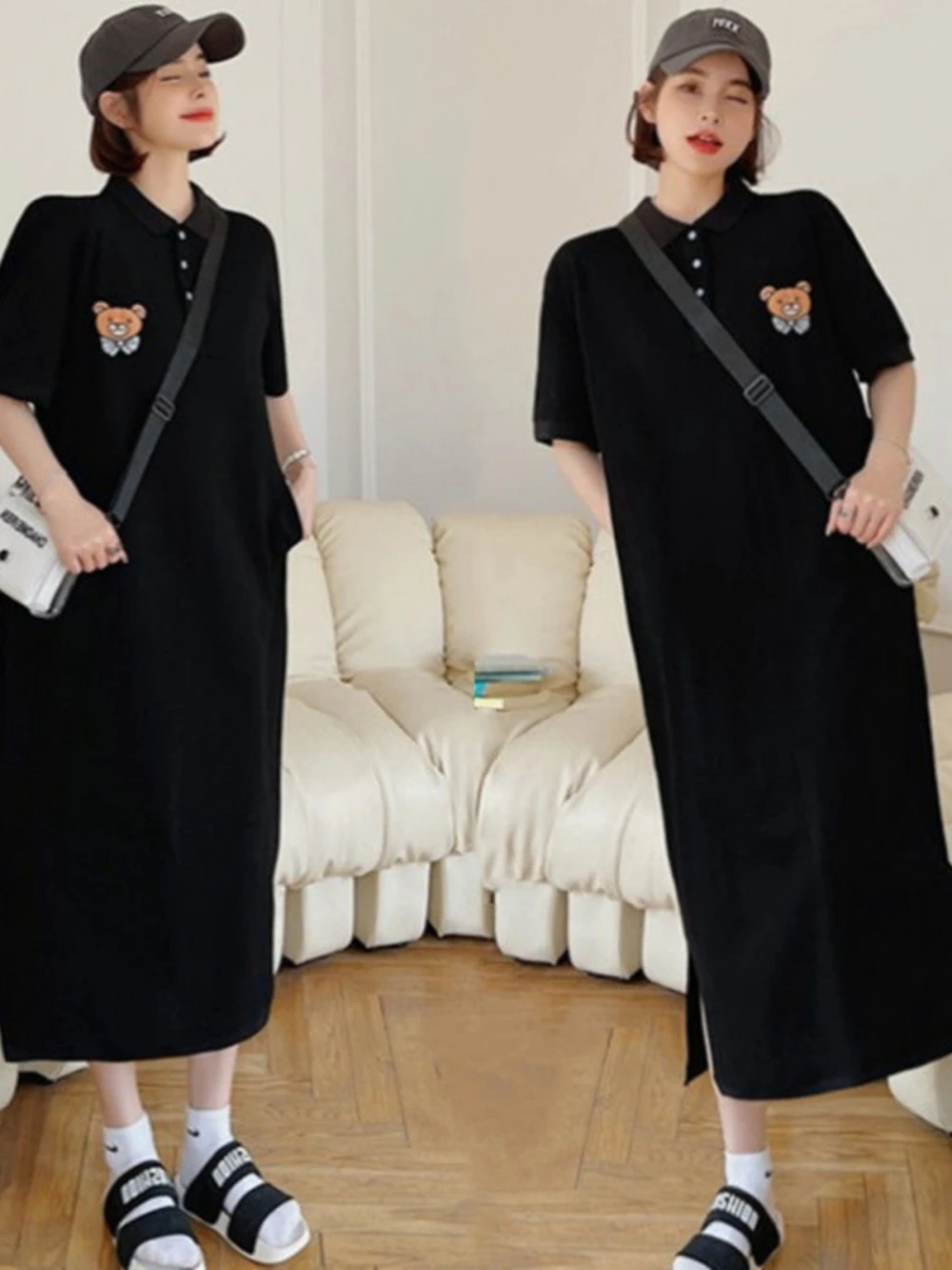 

plus Size Neck Short Sleeve Dress Casual Loose Thin Summer Long Skirt for Women High Waist Straight Cut Korean Style