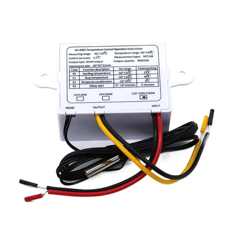 XH-W3002 220V /12V Digital LED Pengendali Suhu 10A Probe Sakelar Kontrol Termostat dengan Sensor Tahan Air W3002
