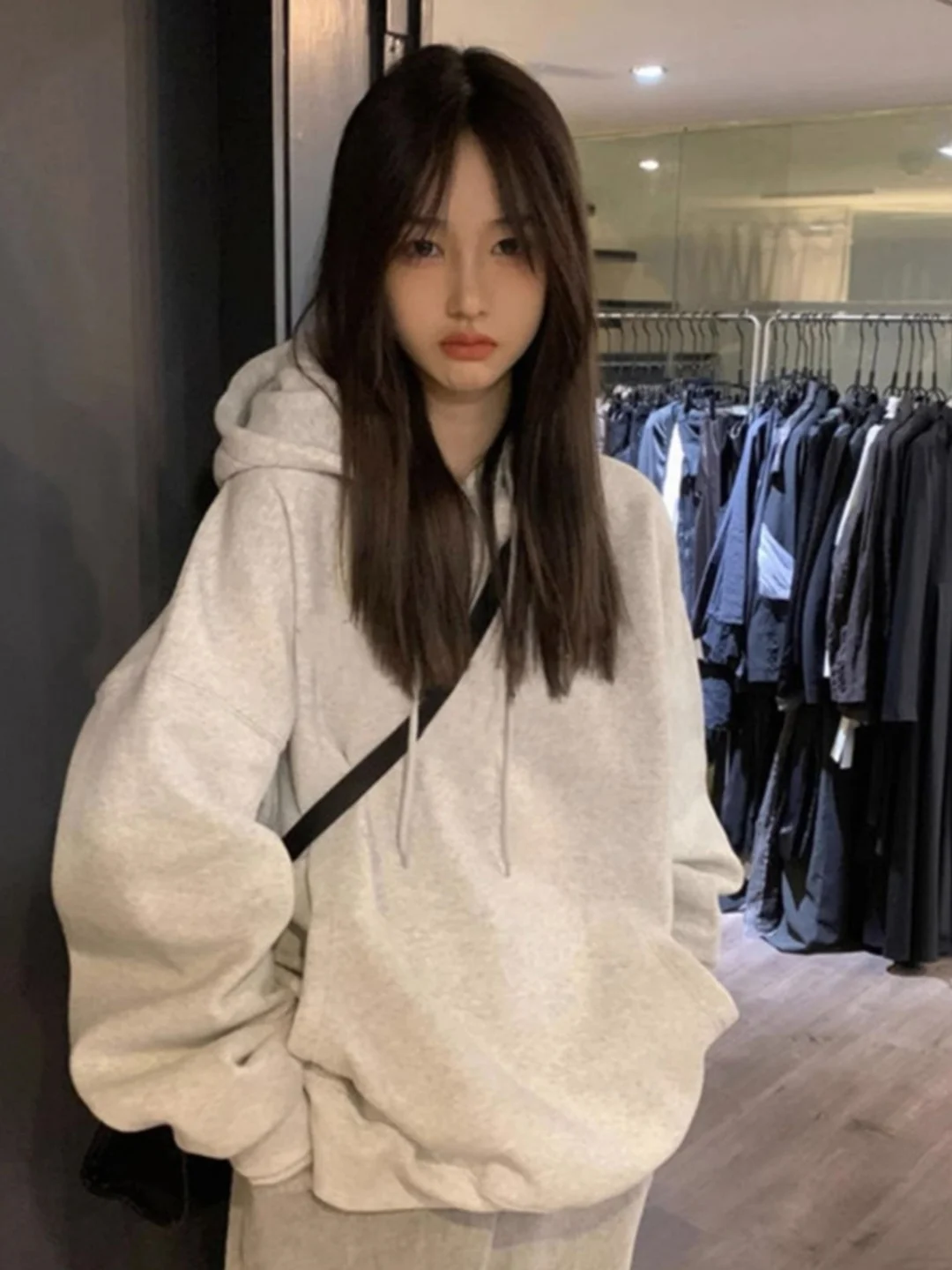 

Early Autumn American Style Women's Hoodie Sweatshirt Loose Sporty Outerwear Gray Open Cardigan Top for Young Women 18-24