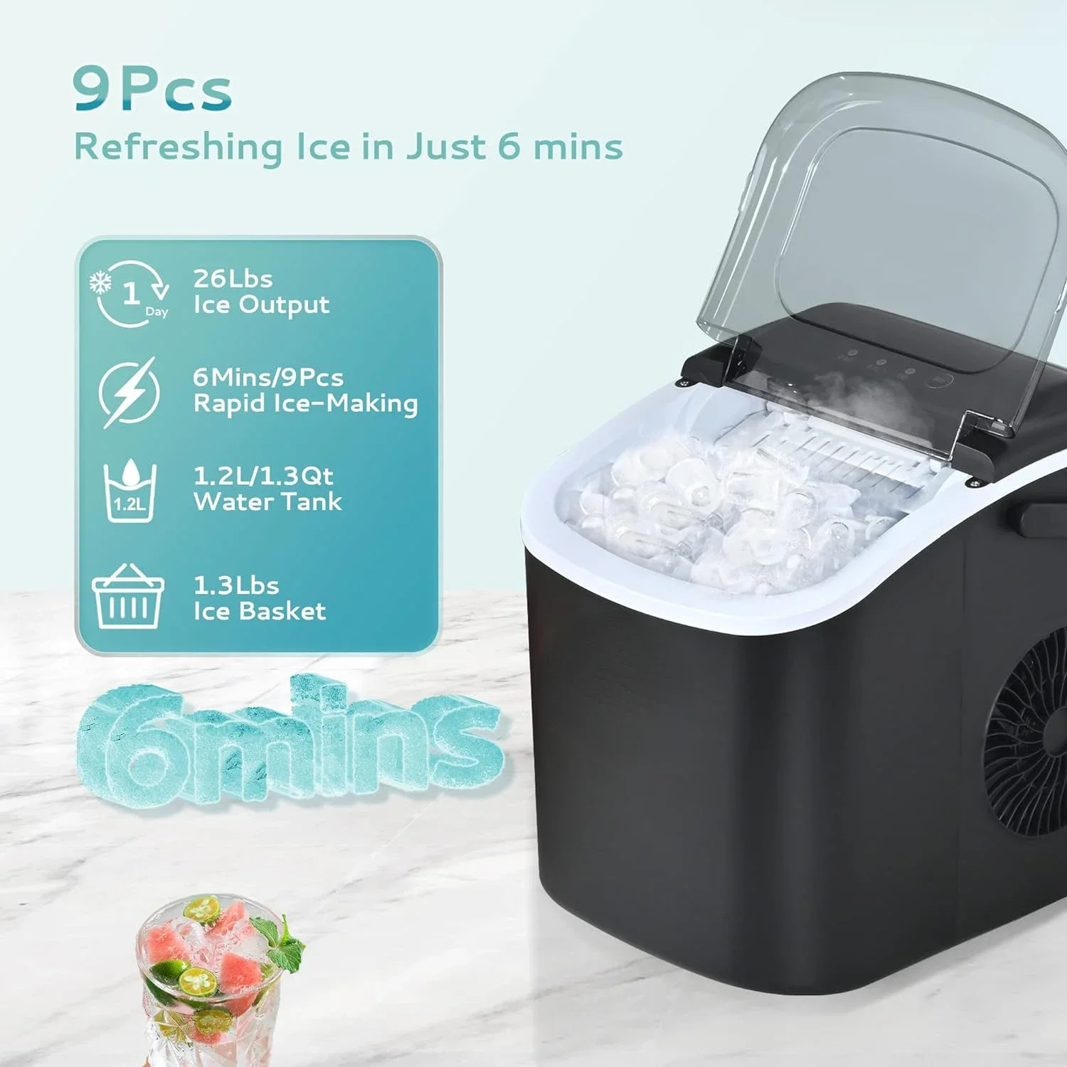 Fast and Efficient Countertop Ice Maker Machine with Handle, Producing 26lbs of Ice in 24 Hours, 9 Ice Cubes Ready in Just 6 Min