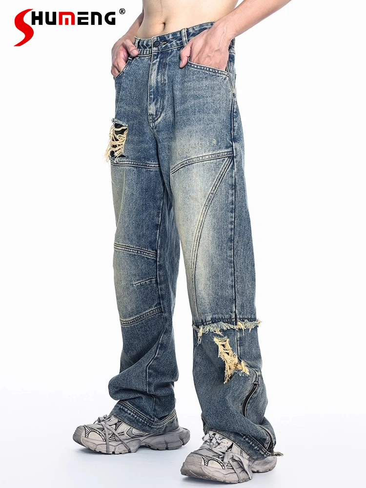 

Men's 2025 Summer New Fashion Straight-Leg Jeans Zipper Loose Comfort Trendy Denim Trousers Men's Hole Stylish Long Denim Pants