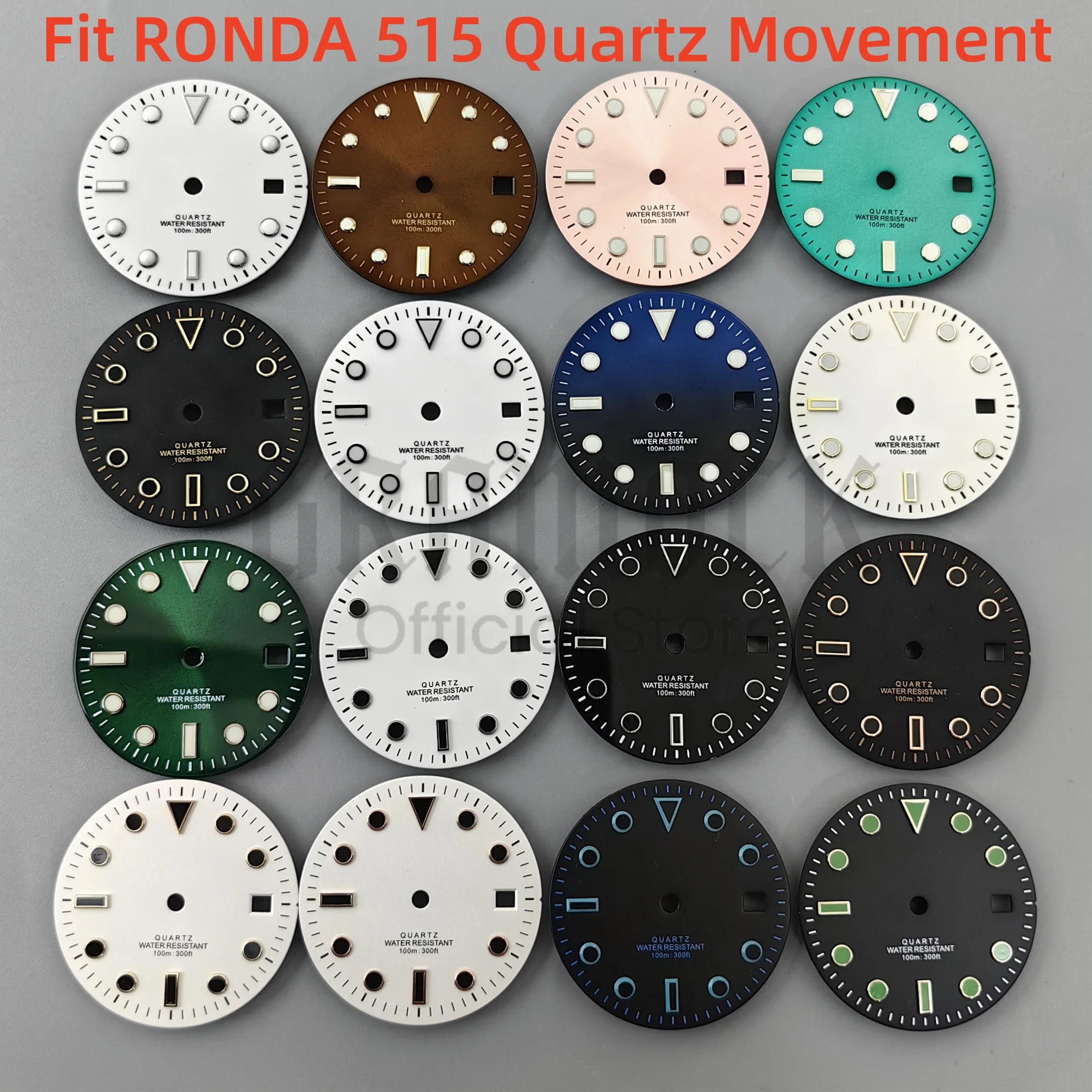 GRAMOCK 29mm Sterile Face Quartz Black Green Pink Luminous Sunberst/Matte Watch Dial Fit RONDA 515 Movement Watch Modified Part