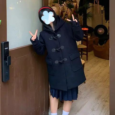 Manteau japonais style JK avec boucle en corne et motif ours, Trench en laine style universitaire preppy, Vêtement d'extérieur épais à capuche et rembourré pour l'automne et l'hiver, usage quotidien