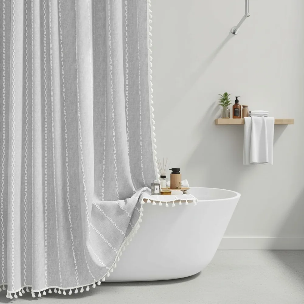 

Boho Farmhouse Shower Curtain Set - Linen Rustic Heavy Duty Striped with Tassel, Vintage Country Bathroom Decor Grey 72x84