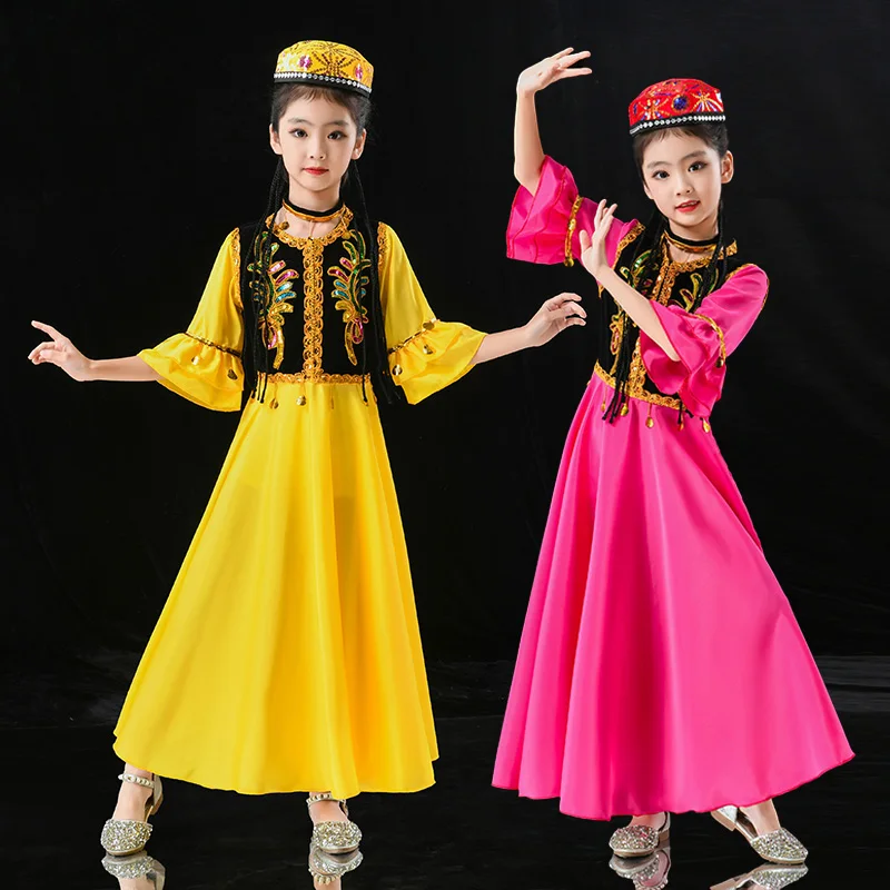 Costumi di danza uigura dello Xinjiang per ragazze Costume di danza popolare di minoranza nazionale antica Abbigliamento da ballo moderno per bambini