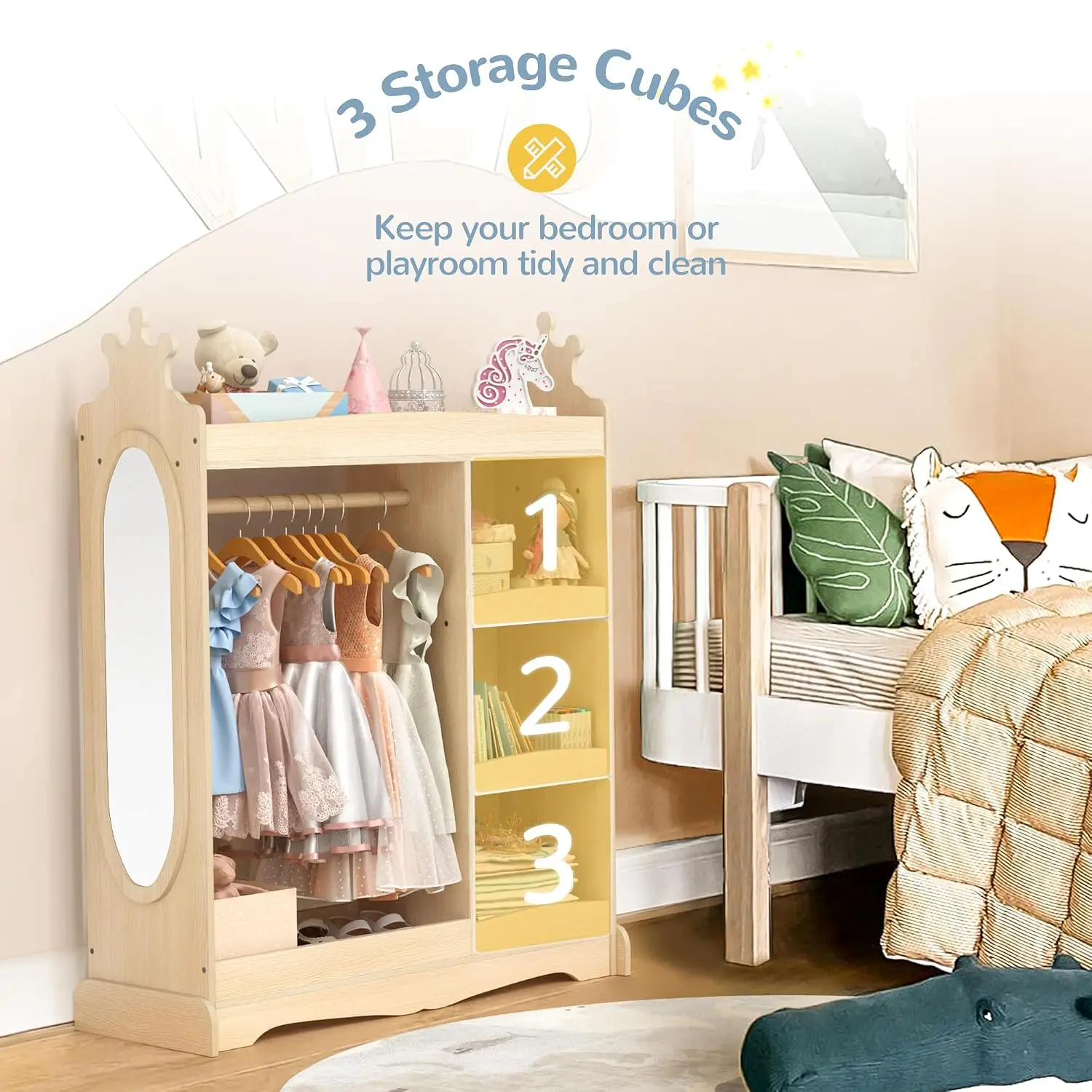Kids Dress up Storage Mirror Wardrobe 3 Hooks Closet Girls Boys Costume Organizer Hanging Armoire Bedroom, Customized