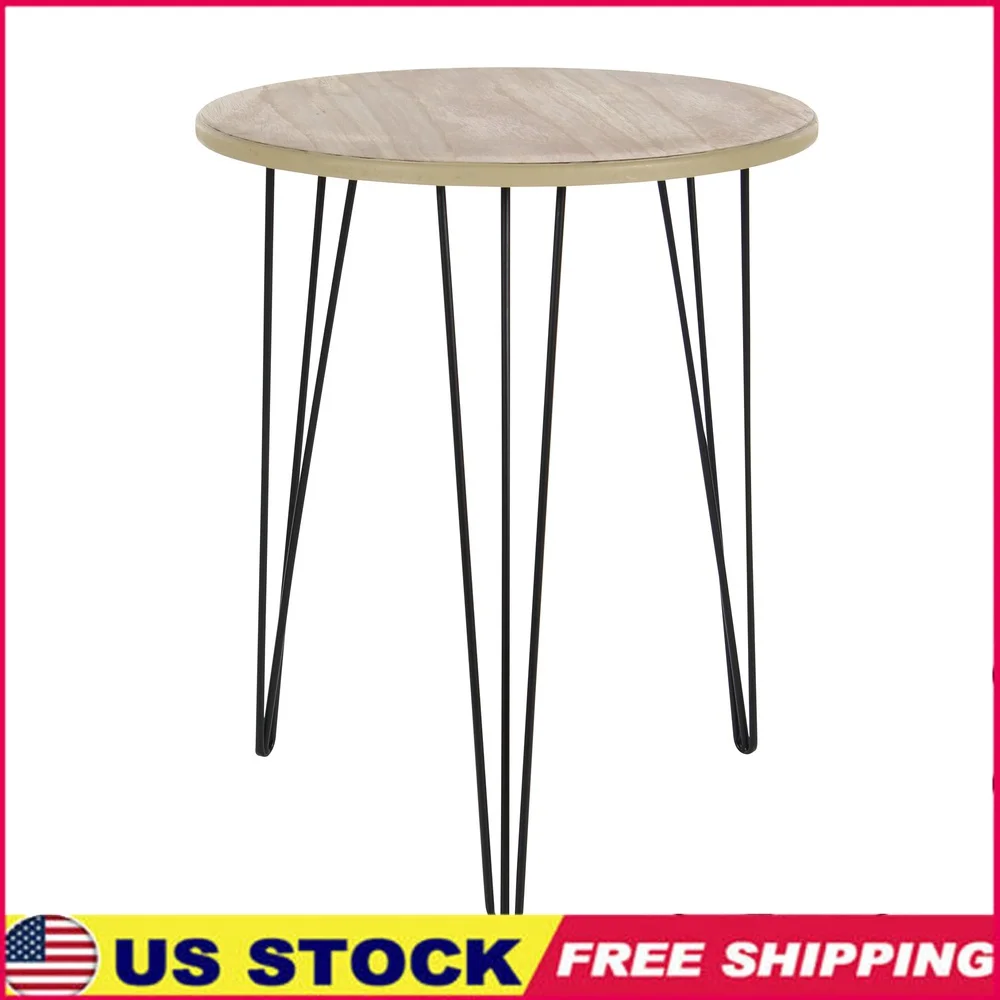 

Современный круглый деревянный акцентный стол с черными металлическими ножками-шпильками для внутреннего использования, компактный приставной столик для хранения, декор для гостиной