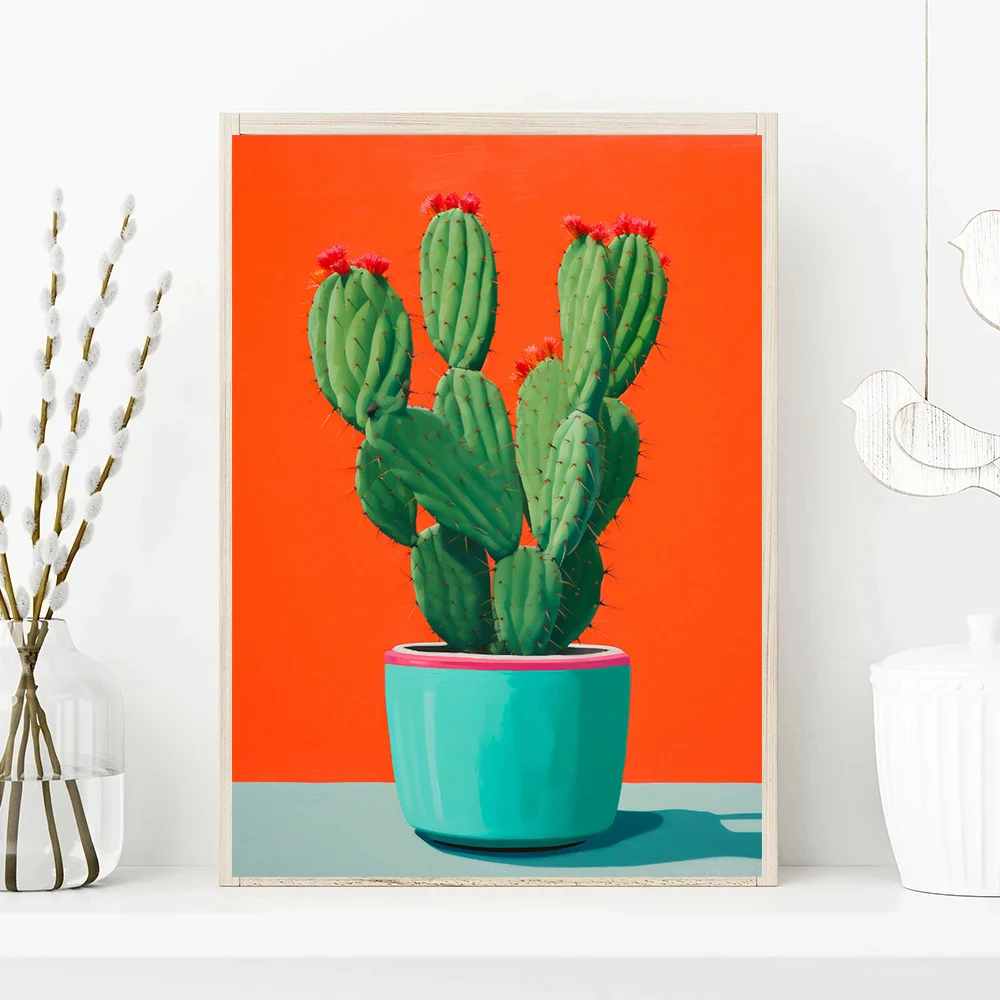 Abstract Colorful Cactus Flower Vase Still Life Canvas Painting, Modern Poster Print, Wall Art Botanical Living Room Home Decor