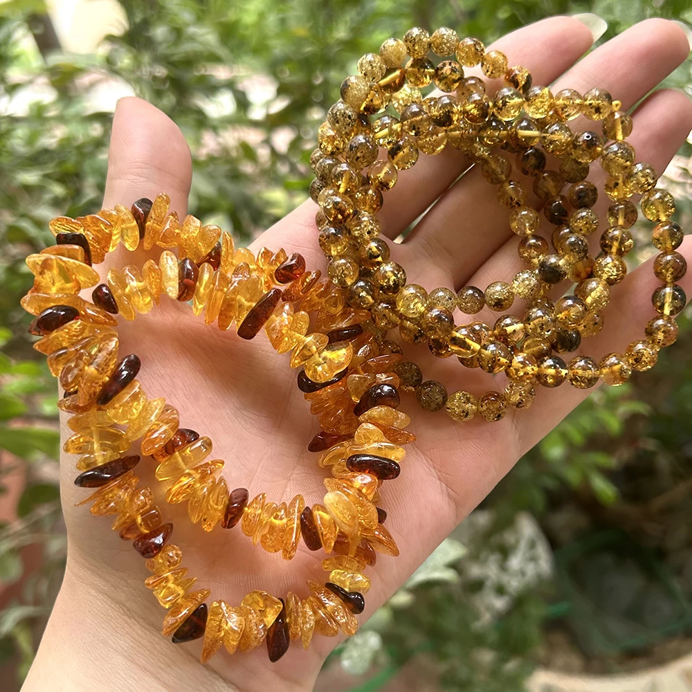 Natrural Genuine Baltic Flower Amber Bracelet Amber Irregular Chip / Round Beads Rought Size,For Women Bracelets Gift
