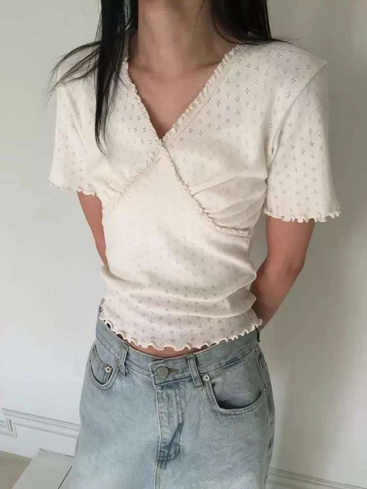 

Candy Miss Korean Sle Pure Color Ruffle V-ne ort Sve T-irt Women's Elastic Slim Fit Spring Summer Breathable Cotton