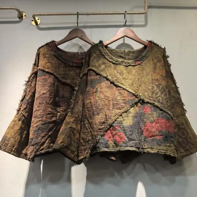 2026 Autumn Arts Style Women Long Sleeve O-neck Loose T-shirt Femme Tops Vintage Patchwork Double-deck Cotton Linen Tshirt F69